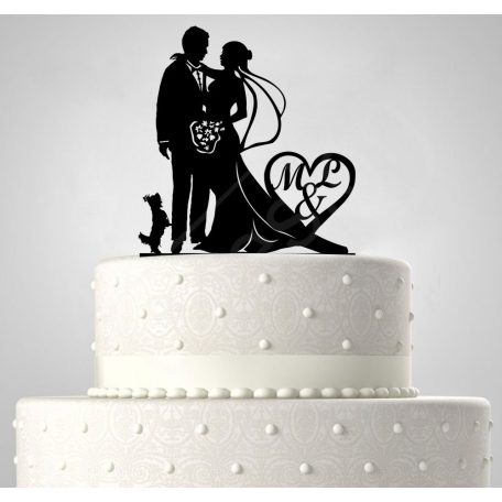 TD6012105 - Mr & Mrs kiskutyás egyedi monogrammos sziluett esküvői tortadísz  A-C4