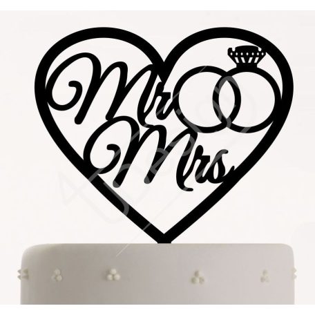 TD8011704 - Szíves Mr & Mrs gyűrűvel sziluett esküvői tortadísz